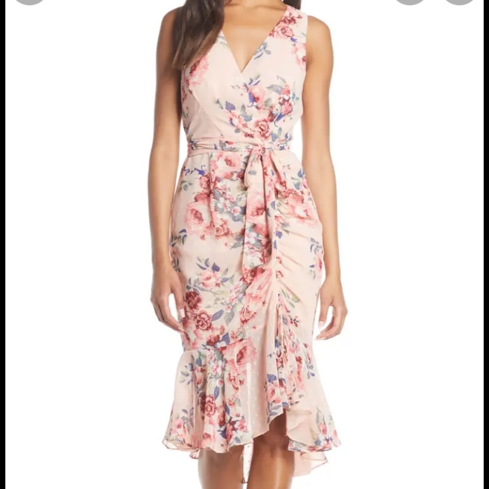NWOT Eliza J Floral Ruched Chiffon Wrap Dress in Blush